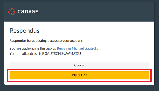 This image shows the authorize pop-up given when Respondus attempts to access your Canvas course.