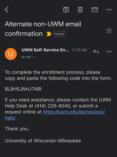 Email from UWM Self-Service Enrollment with verification code